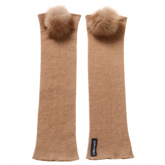 Camel arm warmers with Mink Fur pompom packaged in Signature box